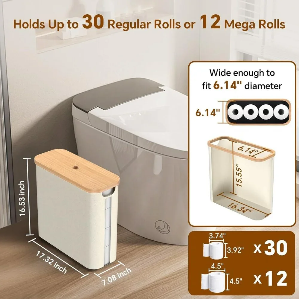 Toilet Paper Storage w/Bamboo Lid, 33.8L Foldable Toilet Paper Basket Organizer